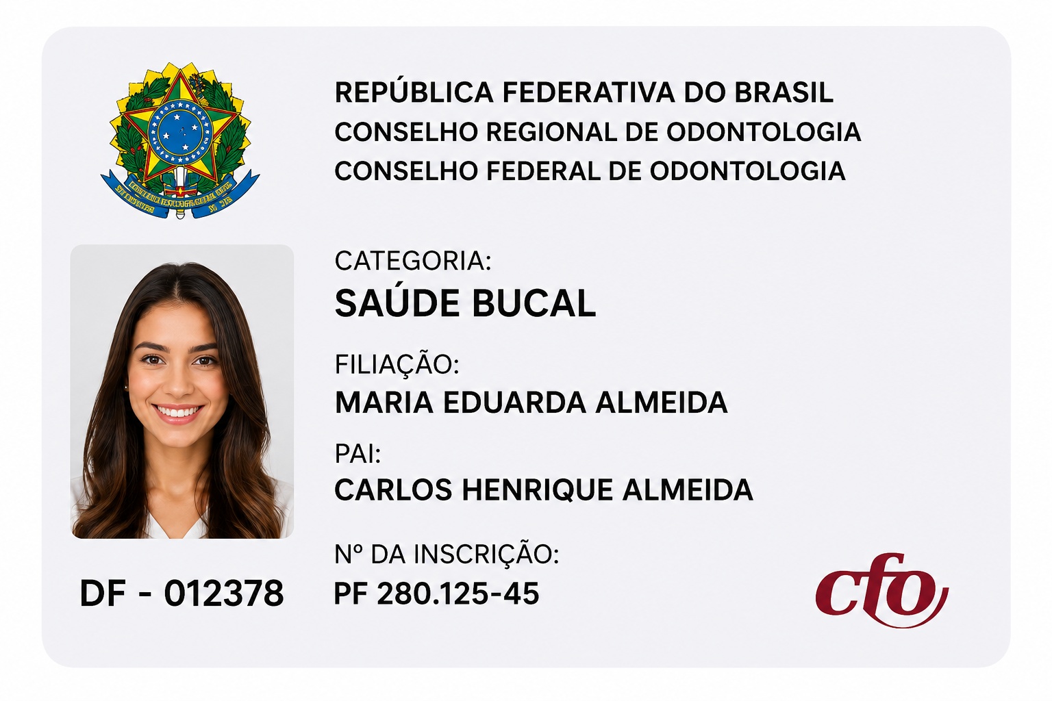 Modelo da carteirinha do CRO - Saúde Bucal