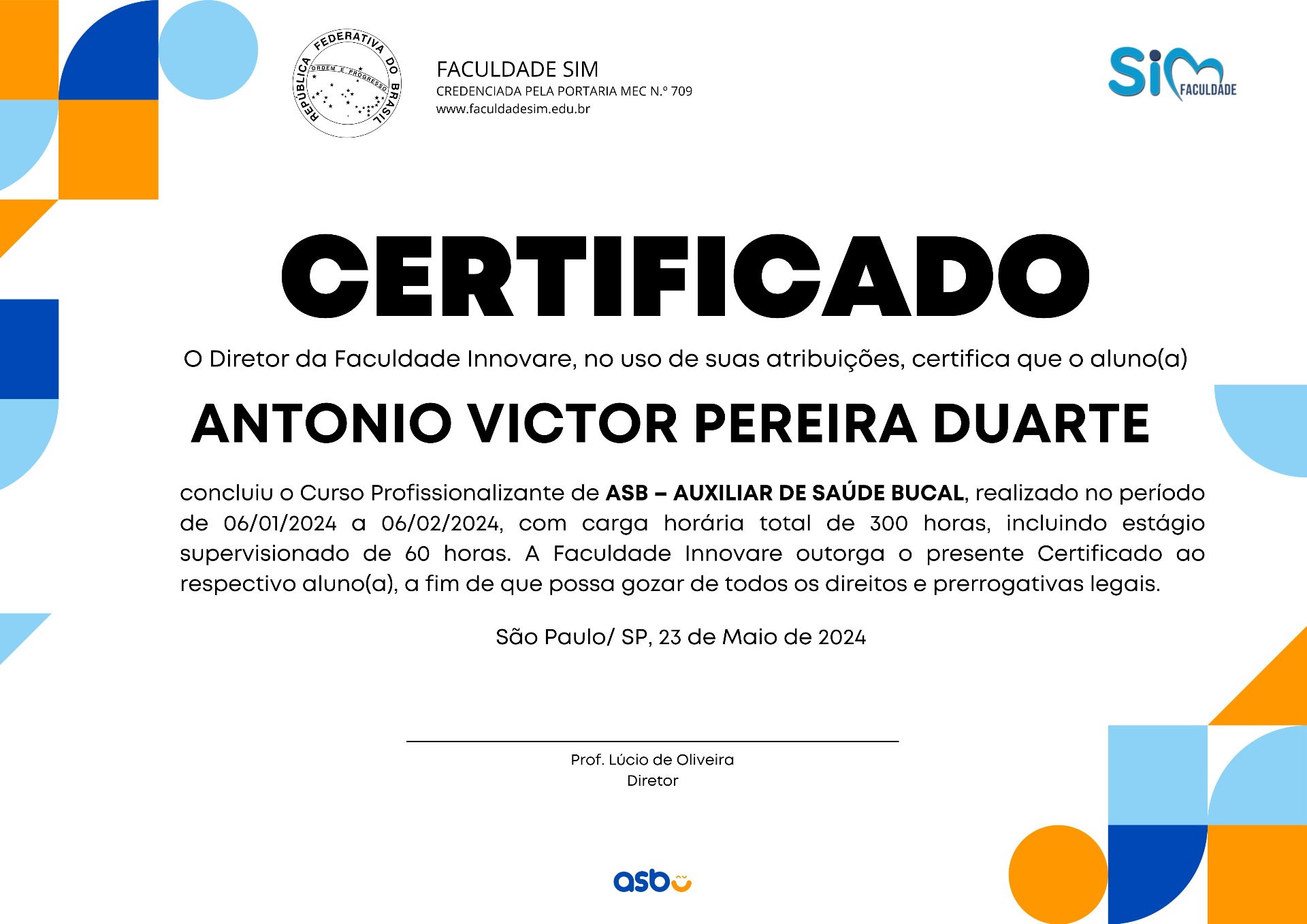 Modelo do certificado do curso ASB - Faculdade SIM