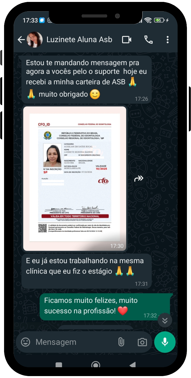 Depoimento de aluna do Curso ASB - print 1