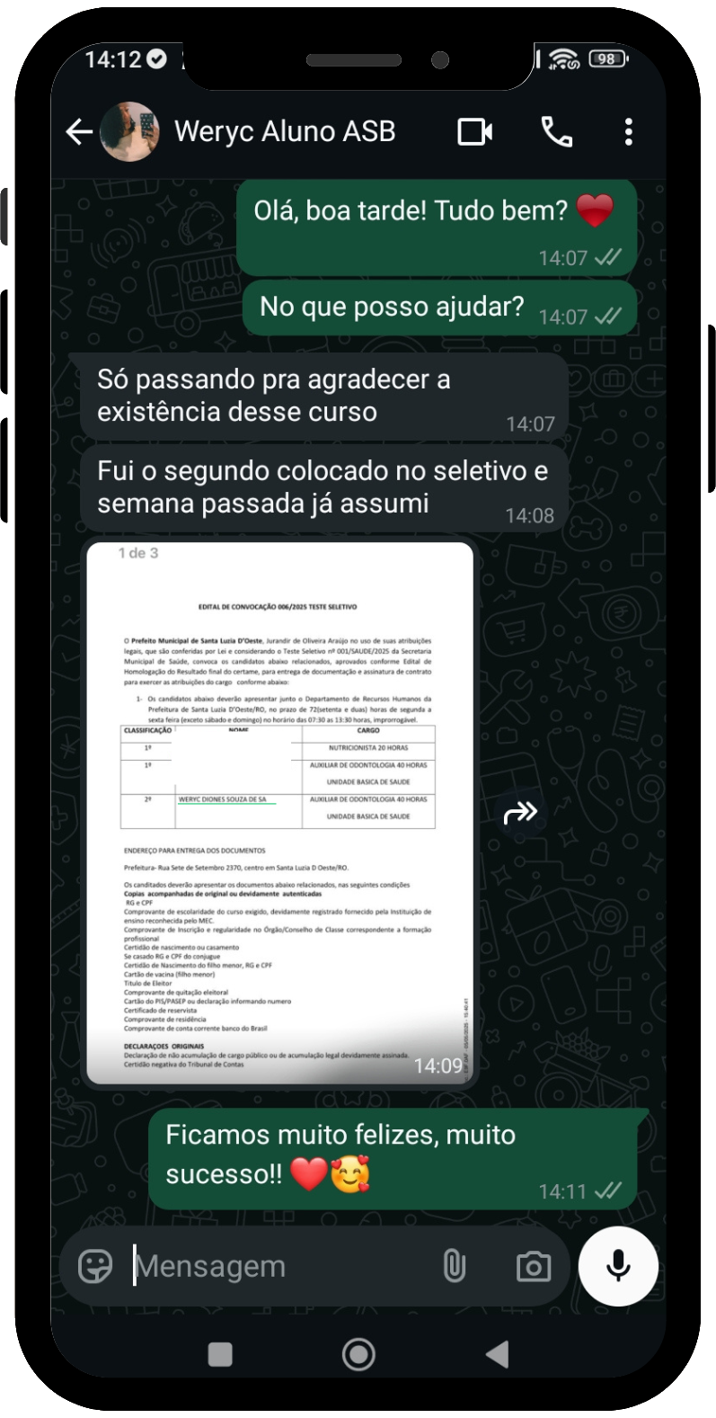 Depoimento de aluna do Curso ASB - print 3